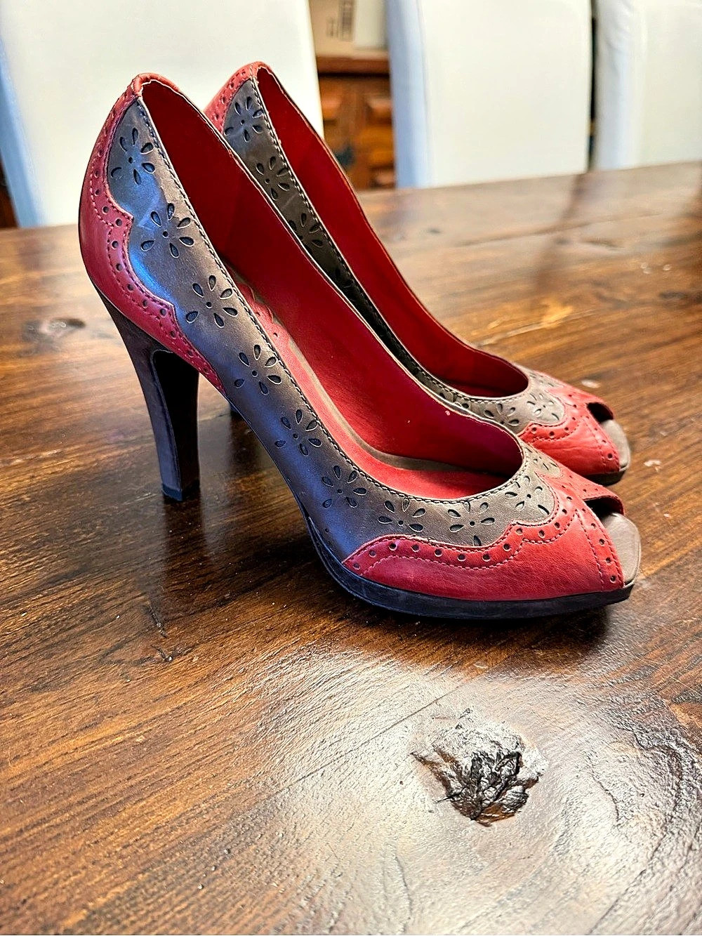 Vince Camuto Peep Toe Heels in Red & Brown